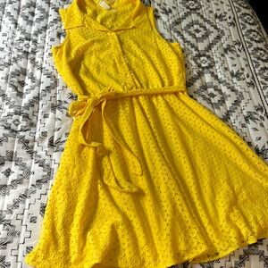 Emma & Michele Yellow Eyelet Belted Sleeveless Dress
